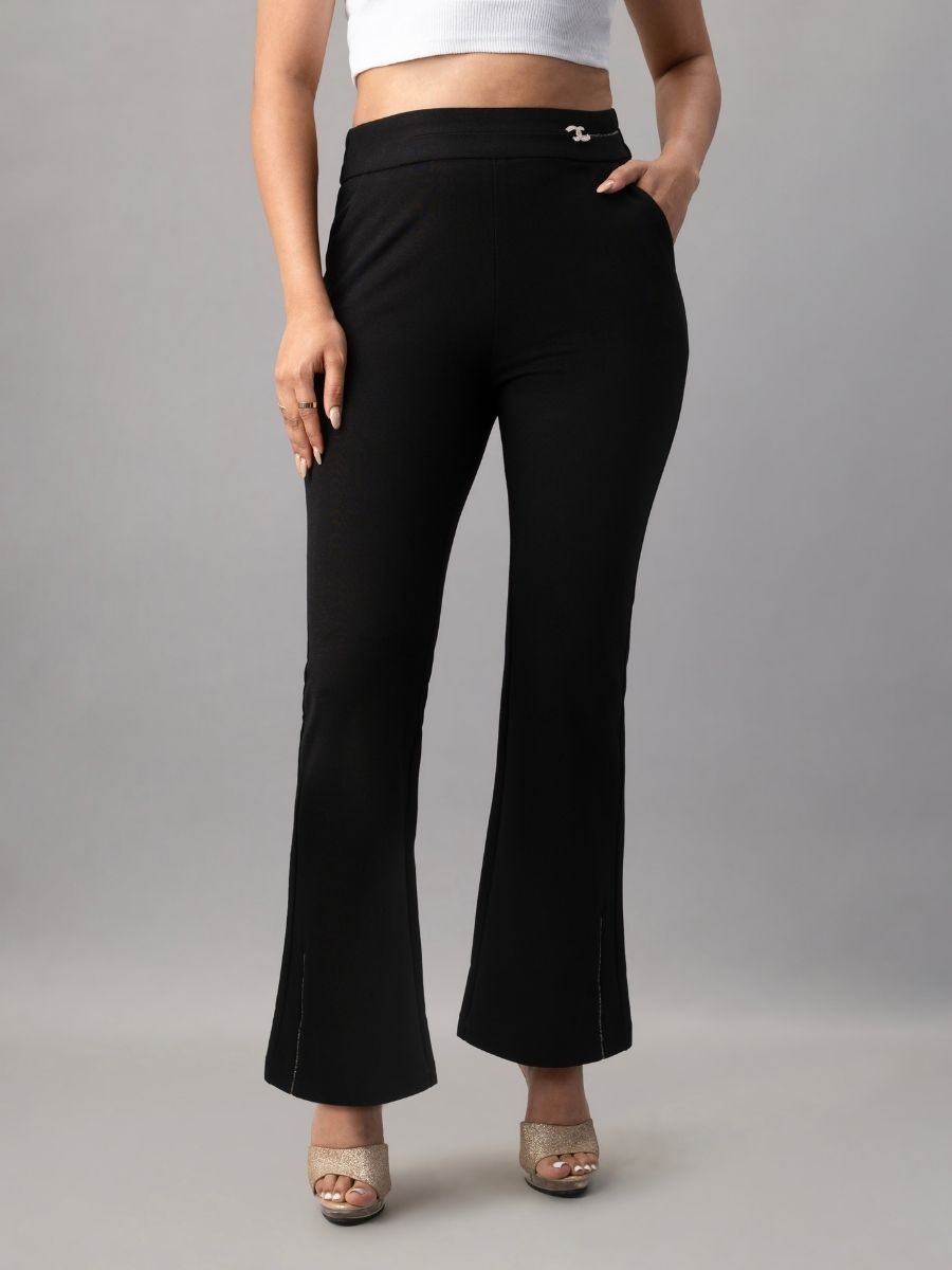 Black Crystal-Trimmed Tapered Trousers for Women – Natica