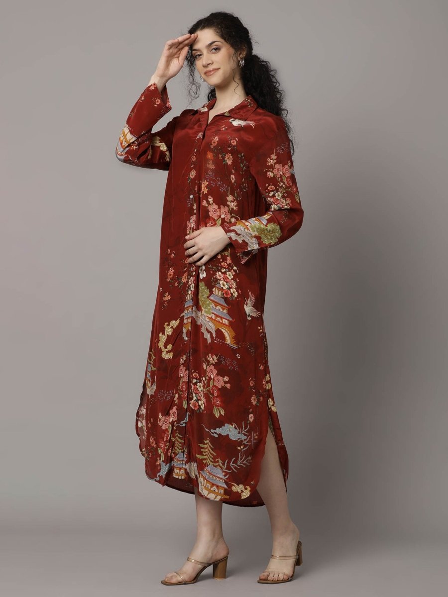 Rust Red Floral Silk Dress - Shop for Women Dresses Online in India
at natica