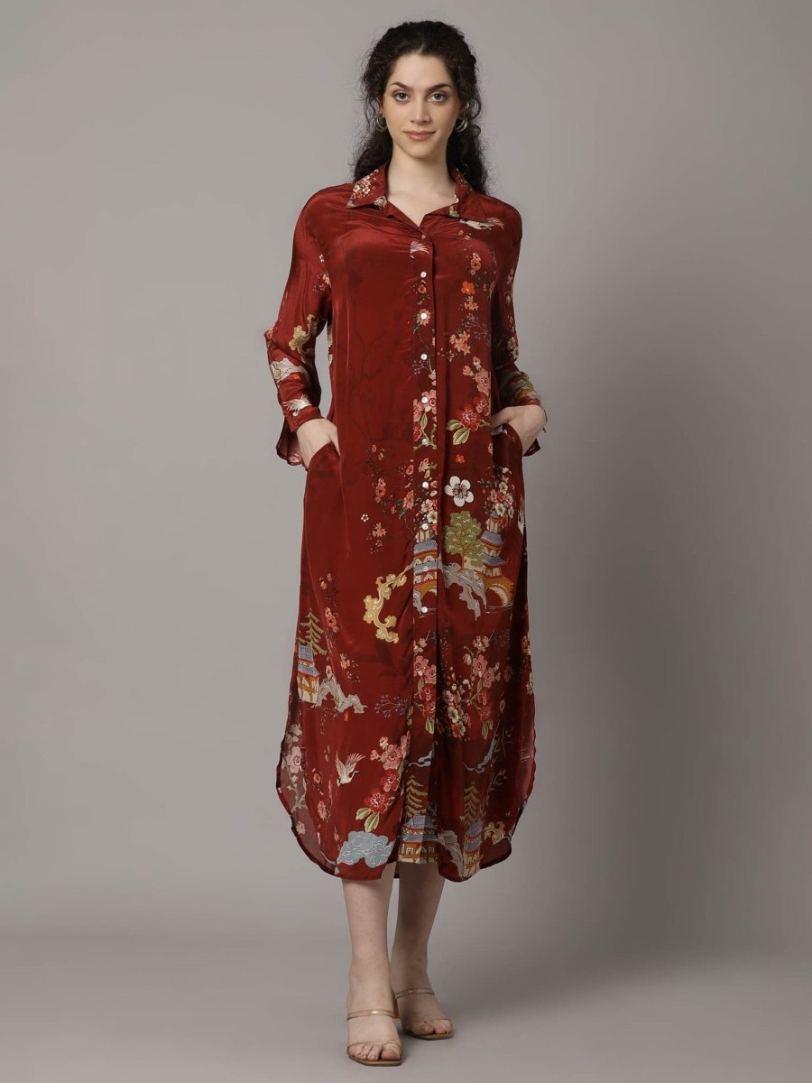 Rust Red Floral Silk Dress - Buy Stylish Dresses for Women Online in India
at Natica