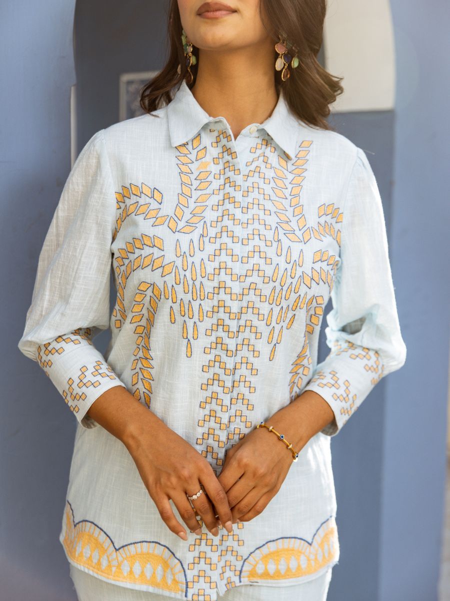 Natica Breezy Oversized Cotton Co-Ord Set – Elegant Blue Embroidery Design