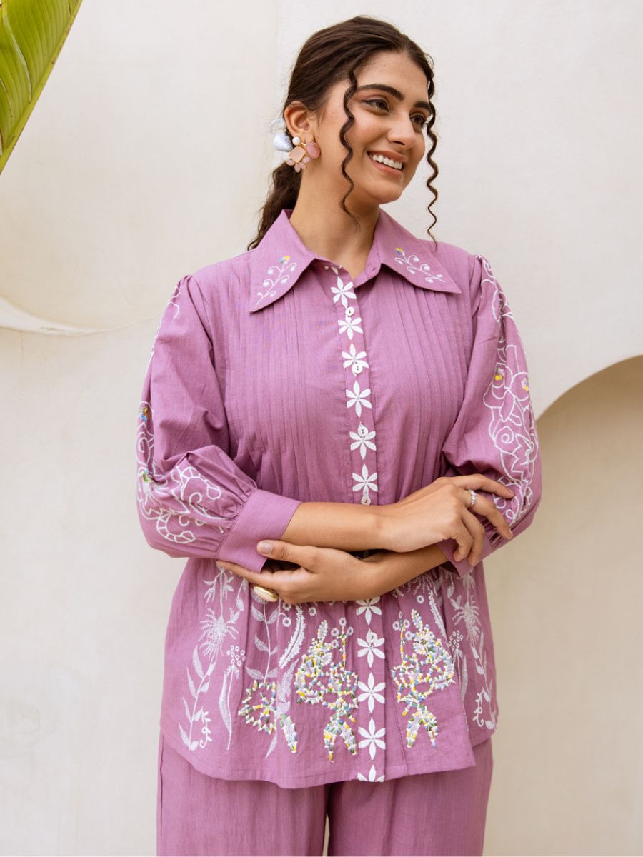 Natica Breezy Oversized Cotton Co-Ord Set – purple Embroidery Chic Look