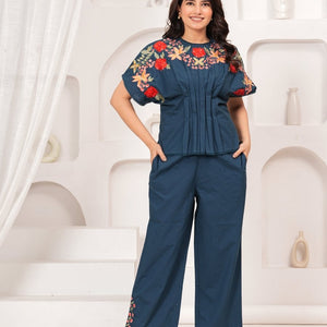 Buy Natica Stylish & Western Co-Ord Sets – Blue Embroidered Cotton Outfit