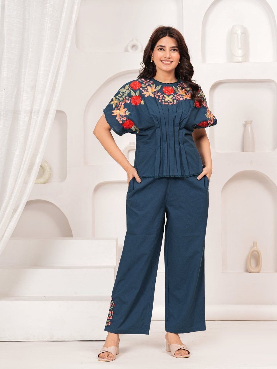Buy Natica Stylish & Western Co-Ord Sets – Blue Embroidered Cotton Outfit
