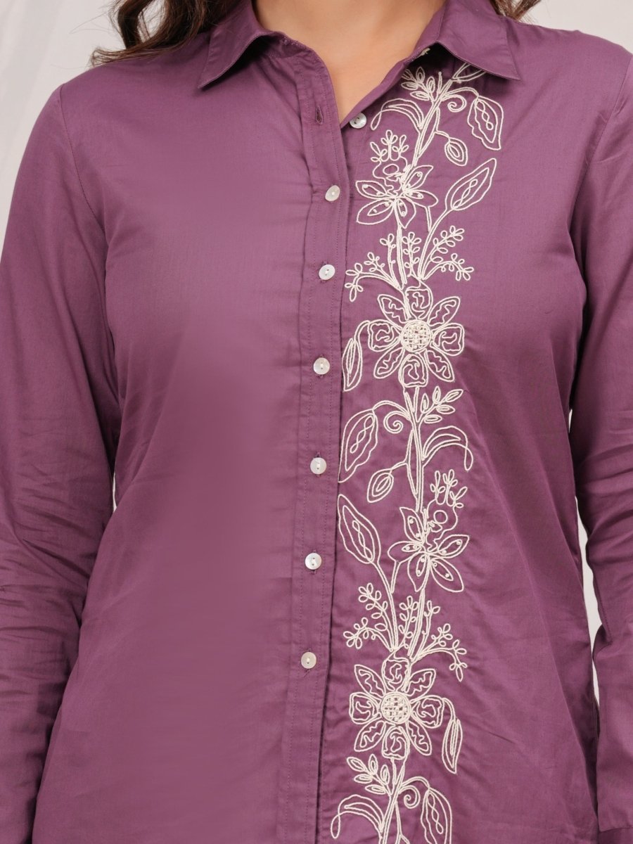 Natica Breezy Oversized Cotton Co-Ord Set – Wine Embroidered Collection