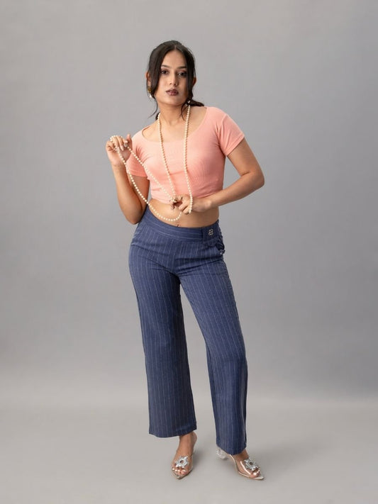 Elegant Navy Pinstripe High Waist Formal Trousers for Women