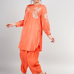 Orange Silk Co-Ord Set with Handcrafted Zari Design