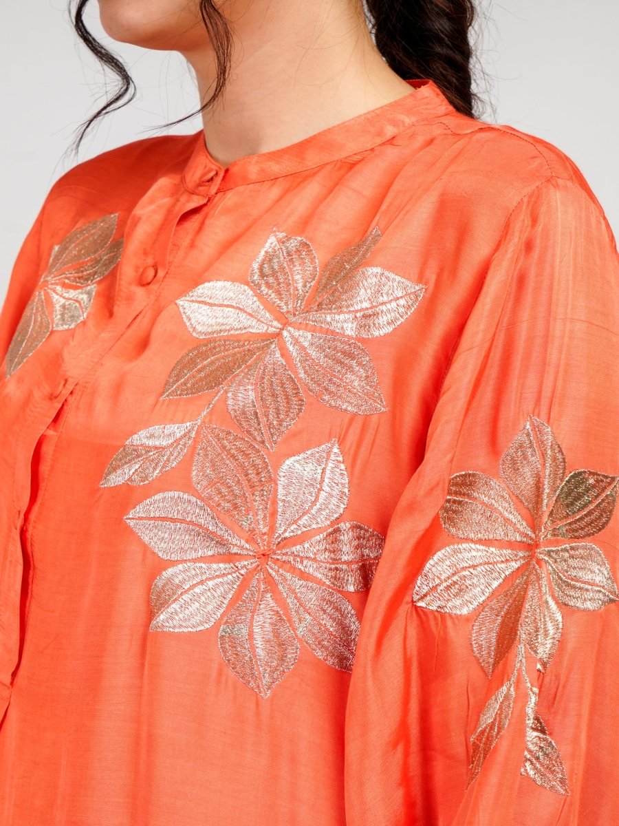 Orange Silk Co-Ord Set with Handcrafted Zari Design