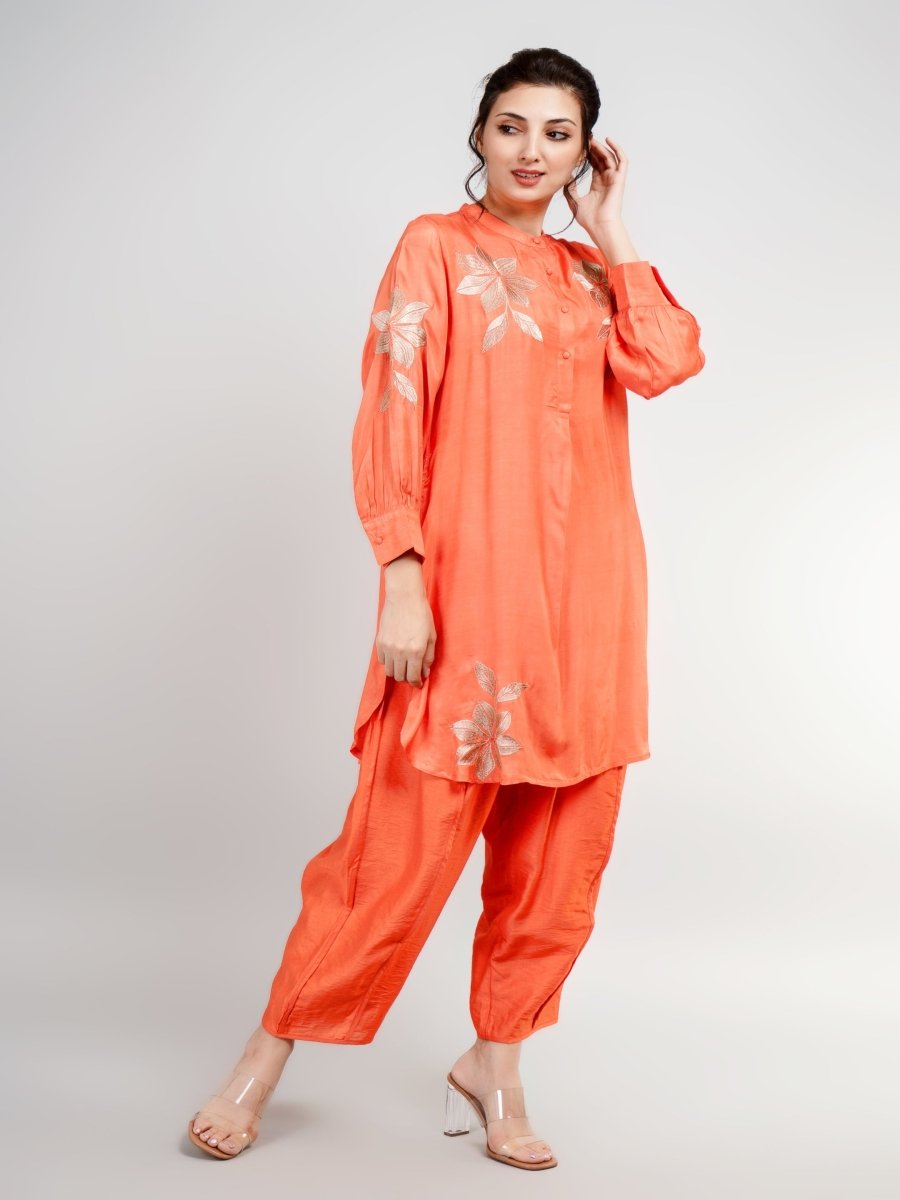 Orange Silk Co-Ord Set with Handcrafted Zari Design
