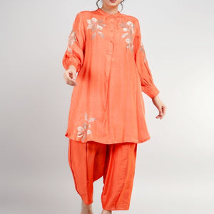 Orange Silk Co-Ord Set with Handcrafted Zari Design