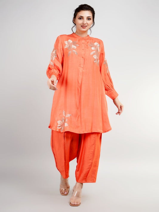 Orange Silk Co-Ord Set with Handcrafted Zari Design