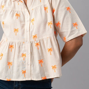 Palm Breeze Peplum Cotton Shirt - Orange