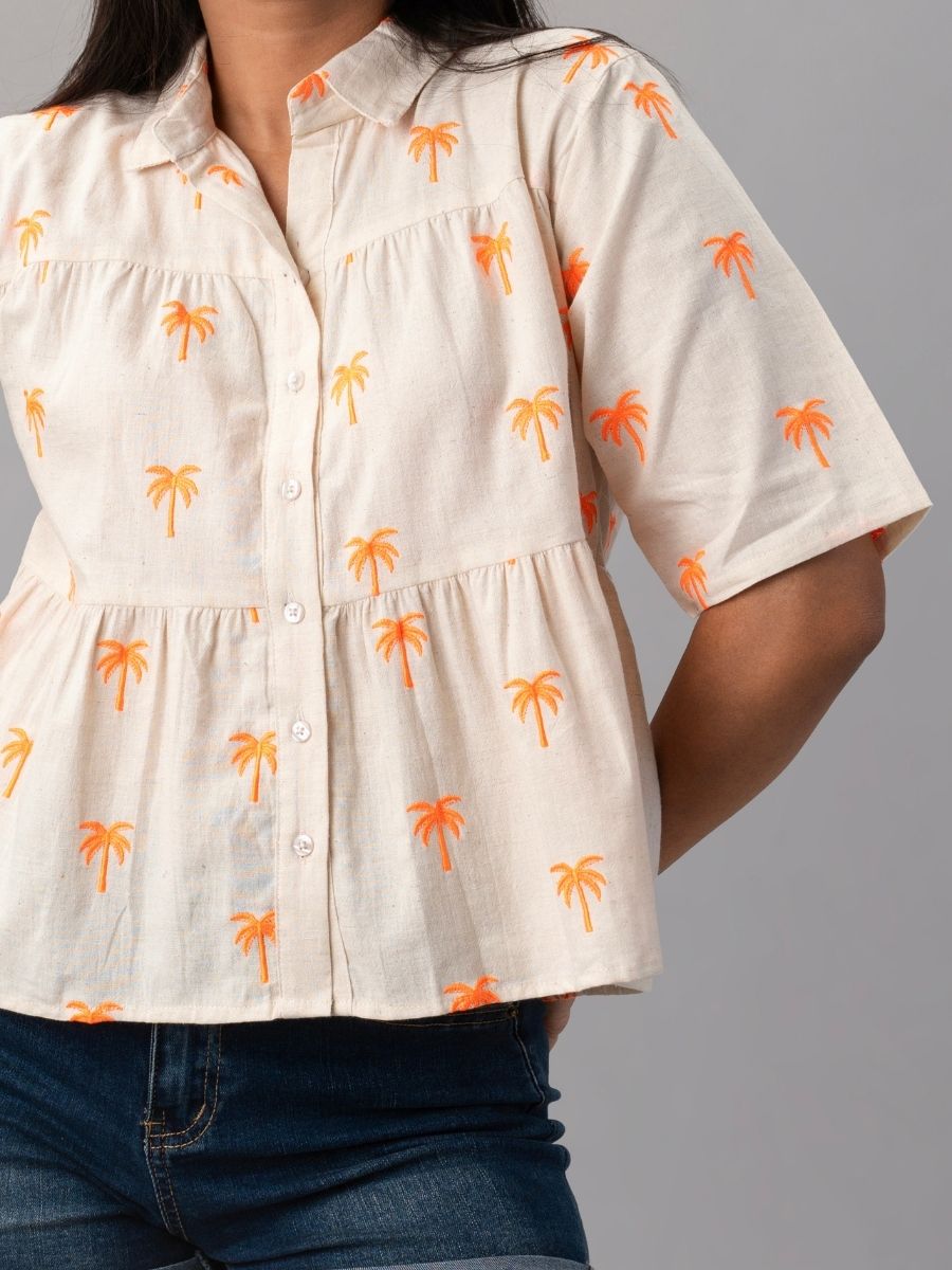 Palm Breeze Peplum Cotton Shirt - Orange