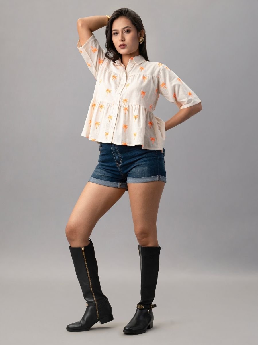 Palm Breeze Peplum Cotton Shirt - Orange