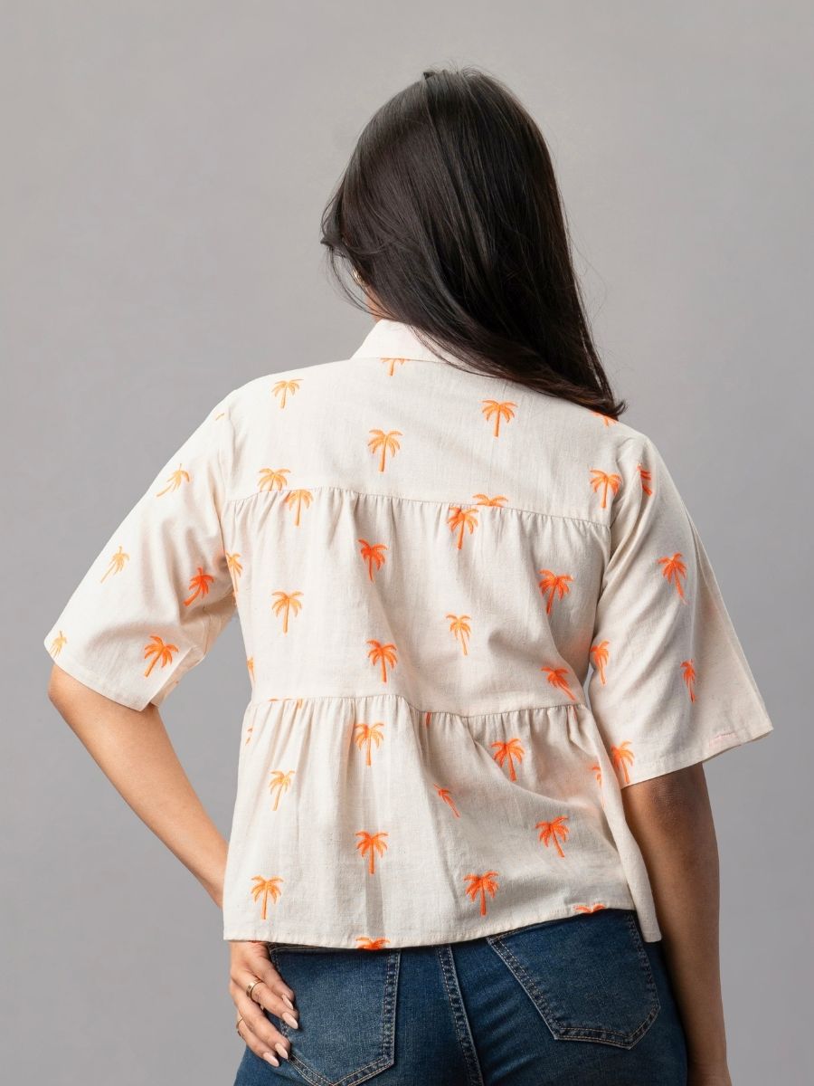 Palm Breeze Peplum Cotton Shirt - Orange