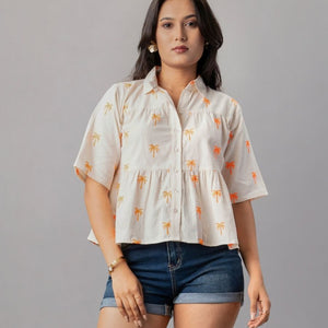 Palm Breeze Peplum Cotton Shirt - Orange