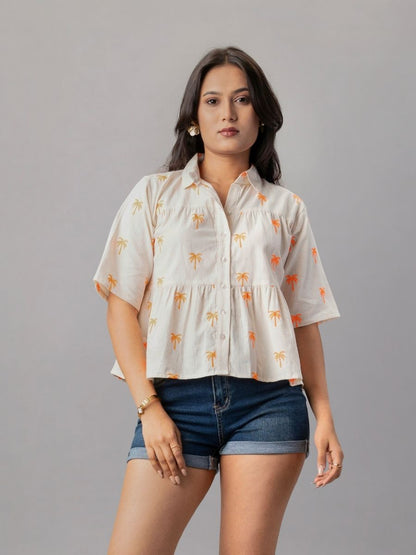 Palm Breeze Peplum Cotton Shirt - Orange