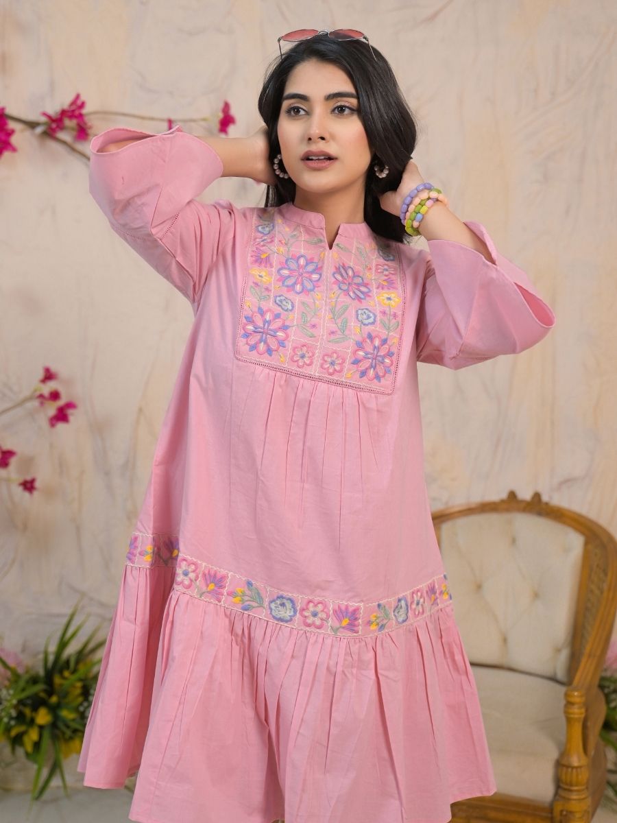 Natica pink bloom embroidered cotton dress – Buy casual cotton dress for women online