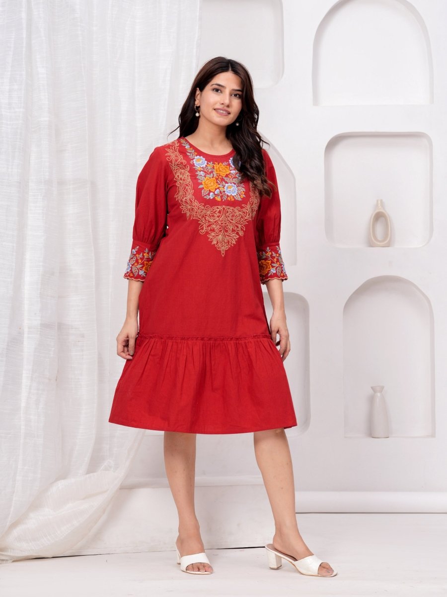 Natica red hand embroidered cotton dress – Buy casual cotton dress for women online