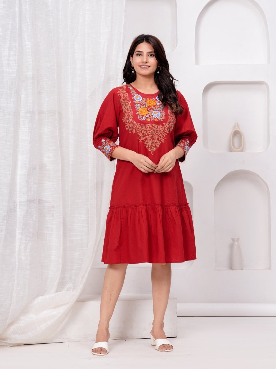 Natica red embroidered party cotton dress – Buy party dresses for women online in India