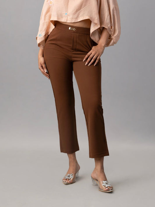 Rust Brown Slim Tapered Trousers for Women Online – Natica
