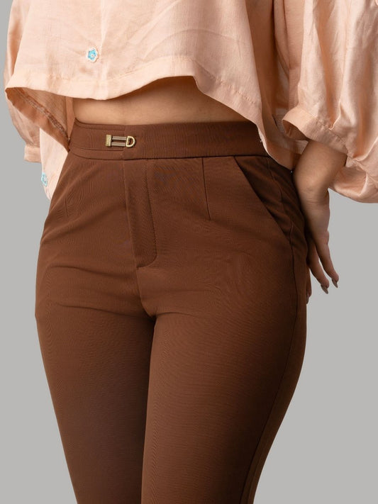 High Waist Rust Brown Slim Trousers for Women Online India