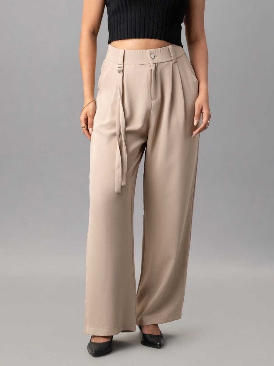 Soft Beige High-Rise Pleated Trousers for Women Online – Natica