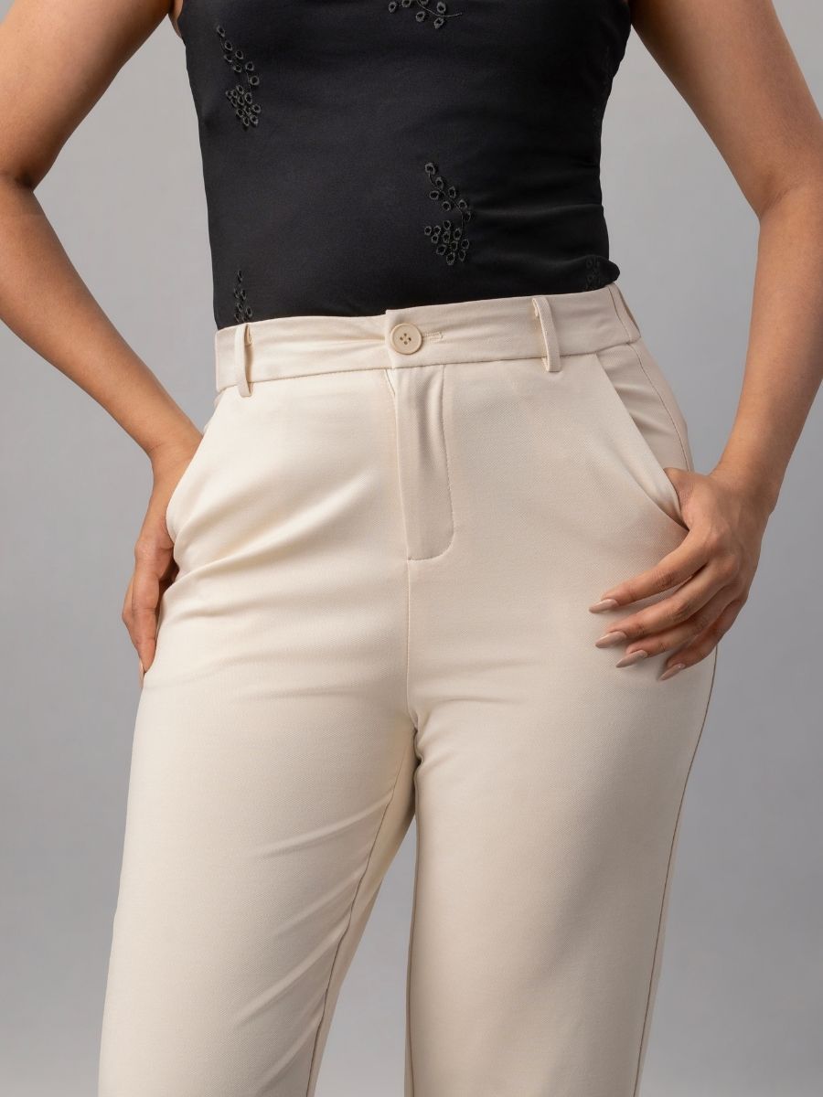 Elegant Ivory Slim Tapered Trousers for Women – Natica
