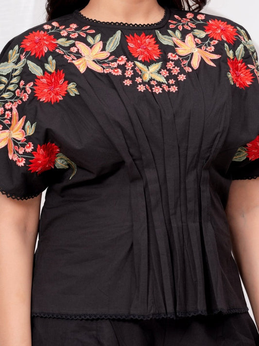 Black coloured Embroidered Cotton Co-Ord Set