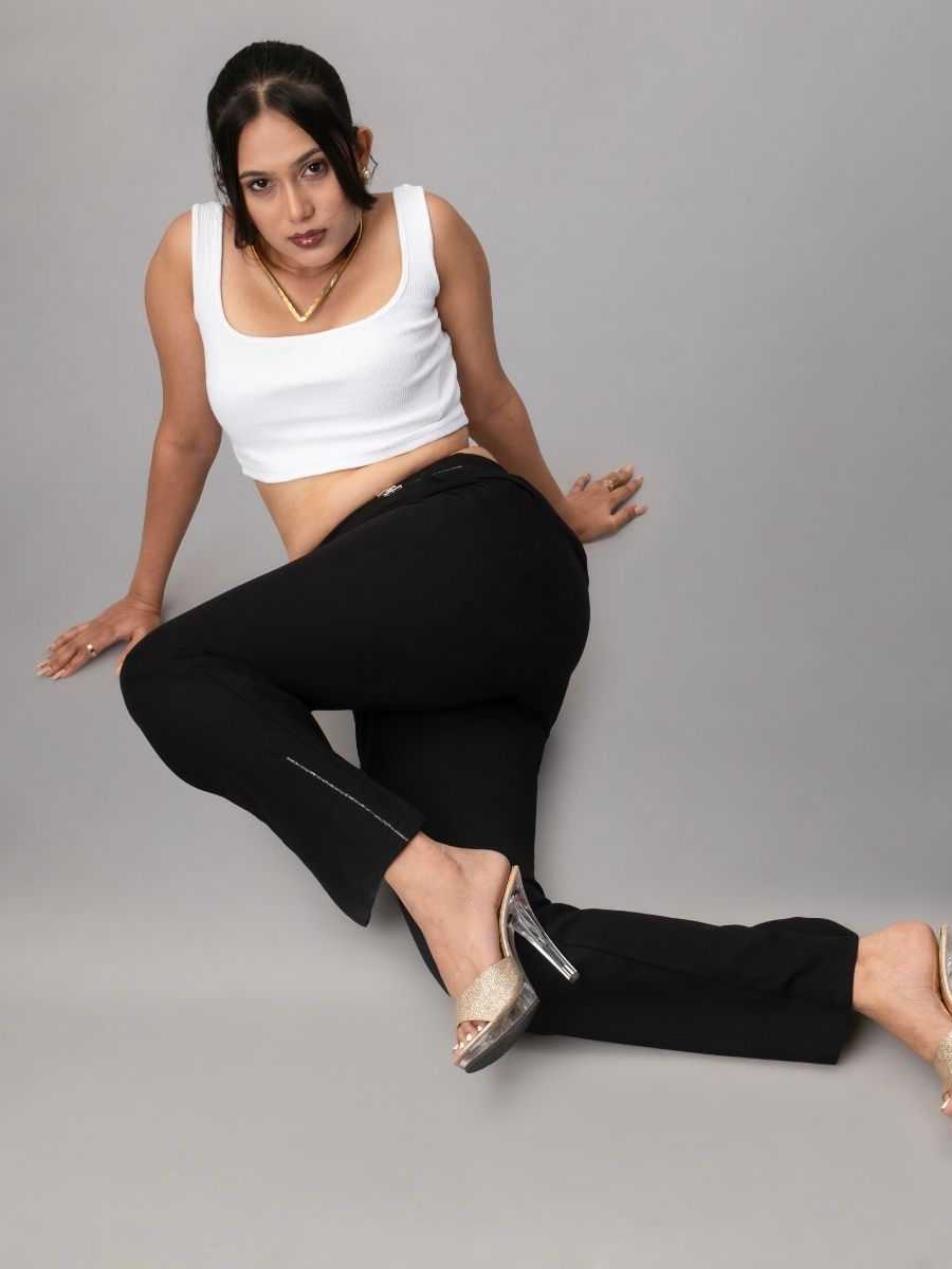 Trendy Black Crystal Trim Formal Trousers for Women Online