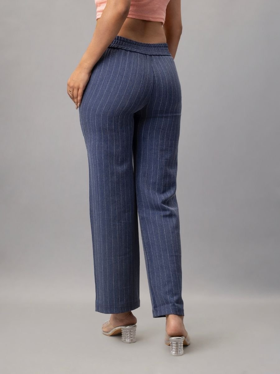 Women’s Navy Blue Pinstripe High Waist Work Trousers Online